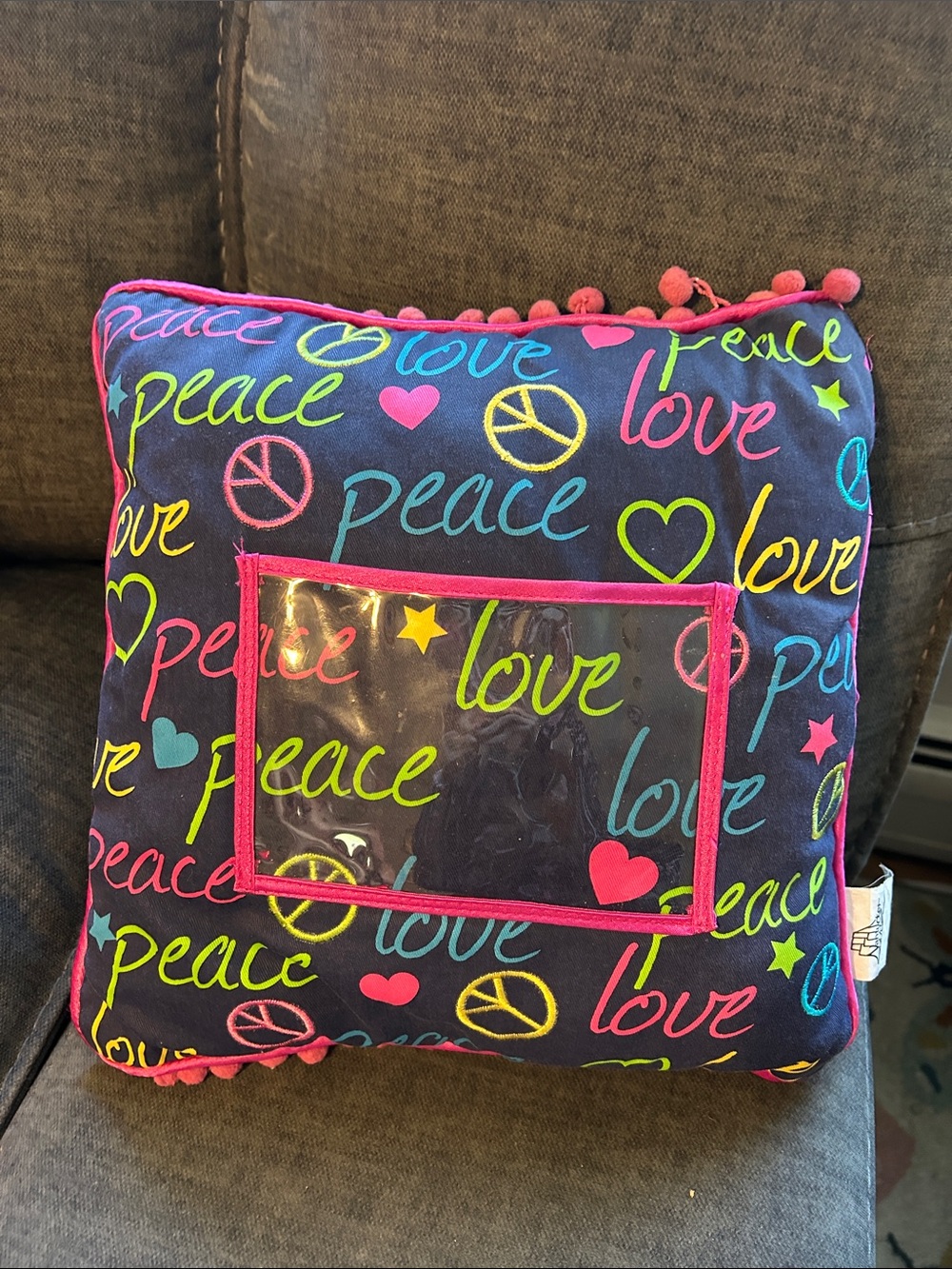 Navy 'Peace Love' Decorative Pillow with Neon Accents